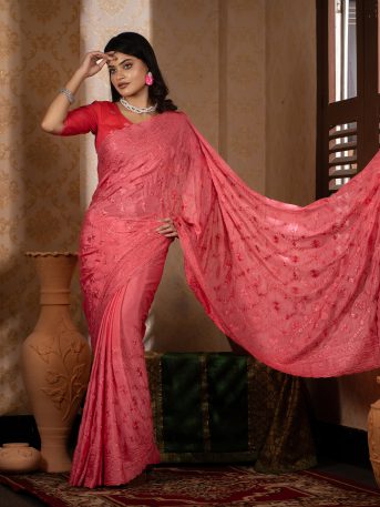 ইমপোর্টেড পিংক কালার ওয়েটলেস সফট চিনিগুড়া সিল্ক ফেব্রিক এর মধ্যে গর্জিয়াস এমব্রয়ডারি কাজ করা পার্টি শাড়ি