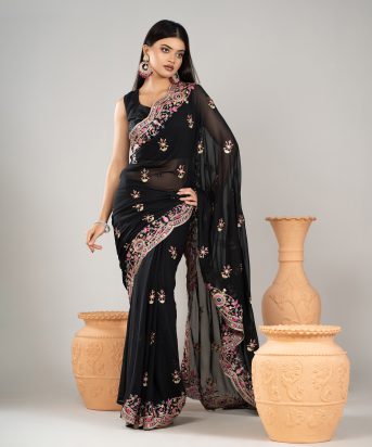 ইমপোর্টেড ব্ল্যাক কালার ওয়েটলেস সফট জর্জেট ফেব্রিক এর মধ্যে গর্জিয়াস এমব্রয়ডারি কাজ করা পার্টি শাড়ি