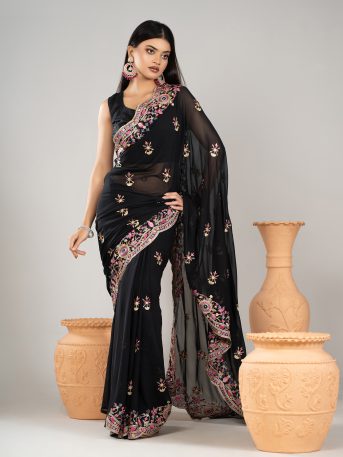 ইমপোর্টেড ব্ল্যাক কালার ওয়েটলেস সফট জর্জেট ফেব্রিক এর মধ্যে গর্জিয়াস এমব্রয়ডারি কাজ করা পার্টি শাড়ি