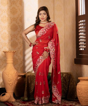 ইমপোর্টেড রেড কালার ওয়েটলেস সফট জর্জেট ফেব্রিক এর মধ্যে গর্জিয়াস এমব্রয়ডারি কাজ করা পার্টি শাড়ি