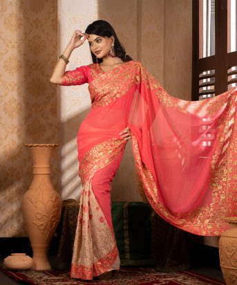 ইমপোর্টেড পিংক কালার ওয়েটলেস সফট জর্জেট ফেব্রিক এর মধ্যে গর্জিয়াস এমব্রয়ডারি কাজ করা পার্টি শাড়ি