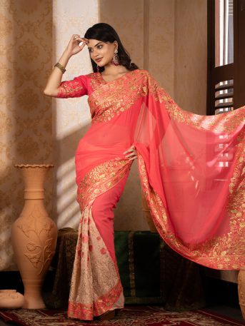 ইমপোর্টেড পিংক কালার ওয়েটলেস সফট জর্জেট ফেব্রিক এর মধ্যে গর্জিয়াস এমব্রয়ডারি কাজ করা পার্টি শাড়ি