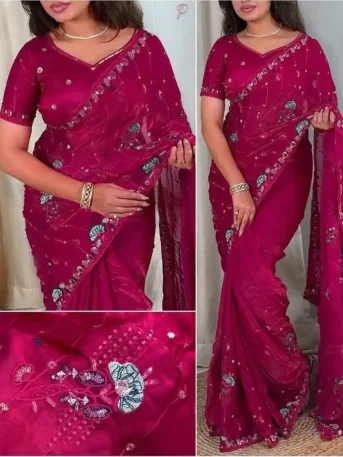 অরিজিনাল জিমি চু উচ্চমানের এমব্রয়ডারি ও সিকোয়েন্স ওয়ার্ক করা পার্টি শাড়ি