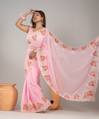 ইমপোর্টেড ওয়েটলেস সফট জর্জেট ফেব্রিকের মধ্যে গর্জিয়াস এমব্রয়ডারি এবং সিকুয়েন্সের কাজ করা পার্টি শাড়ি