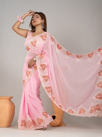 ইমপোর্টেড ওয়েটলেস সফট জর্জেট ফেব্রিকের মধ্যে গর্জিয়াস এমব্রয়ডারি এবং সিকুয়েন্সের কাজ করা পার্টি শাড়ি