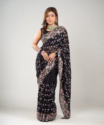 ইমপোর্টেড ব্ল্যাক কালার ওয়েটলেস সফট জর্জেট ফেব্রিকের মধ্যে গর্জিয়াস এমব্রয়ডারি কাজ করা পার্টি শাড়ি