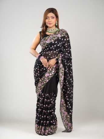 ইমপোর্টেড ব্ল্যাক কালার ওয়েটলেস সফট জর্জেট ফেব্রিকের মধ্যে গর্জিয়াস এমব্রয়ডারি কাজ করা পার্টি শাড়ি