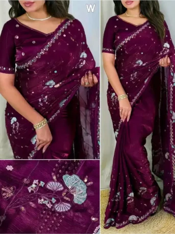 অরিজিনাল জিমি চু উচ্চমানের এমব্রয়ডারি ও সিকোয়েন্স ওয়ার্ক করা পার্টি শাড়ি