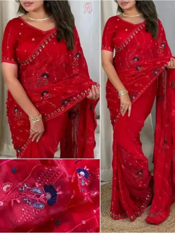 অরিজিনাল জিমি চু উচ্চমানের এমব্রয়ডারি ও সিকোয়েন্স ওয়ার্ক করা পার্টি শাড়ি