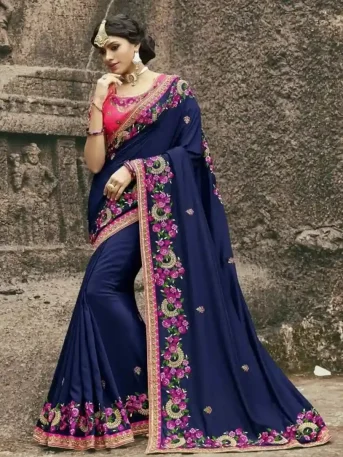 এক্সক্লুসিভ ওয়েটলেস জর্জেট ব্লু এমব্রয়ডারি করা পার্টি শাড়ি